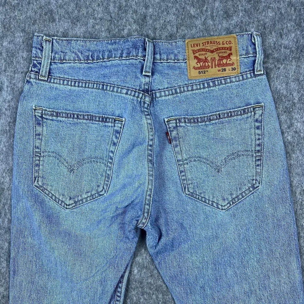 Levis 512 Mens Jeans Slim Fit Tapered Leg Light Wash Distressed Denim Size 28x30